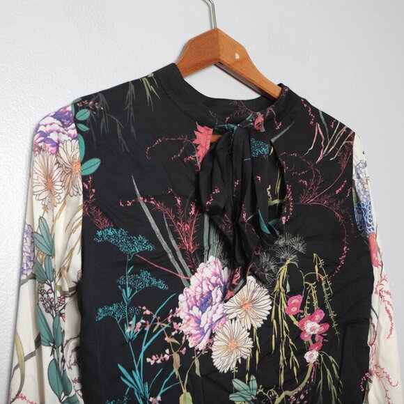 Hale Bob Floral Keyhole Blouse Long Sleeve Top Tie Neck Flowers Black White XS - Picture 4 of 9